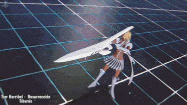 a cartoon character holding a large sword with the words tier hannibal - resurreccion tiburon below