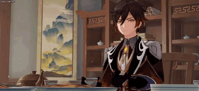 a video game character is sitting at a table with his arms crossed