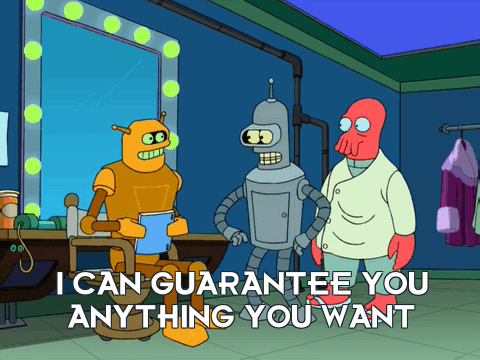 a cartoon of three robots with the words " i can guarantee you anything you want " at the bottom