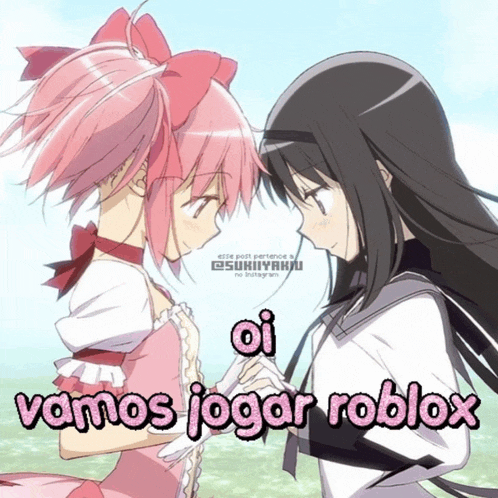 a picture of two girls with the words vamos jogar roblox
