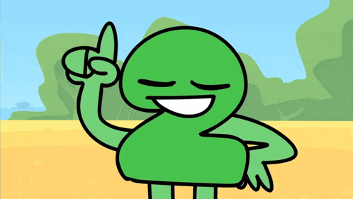 a green cartoon character is smiling and pointing up with his finger