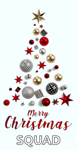 a merry christmas squad greeting card with a christmas tree made of christmas decorations