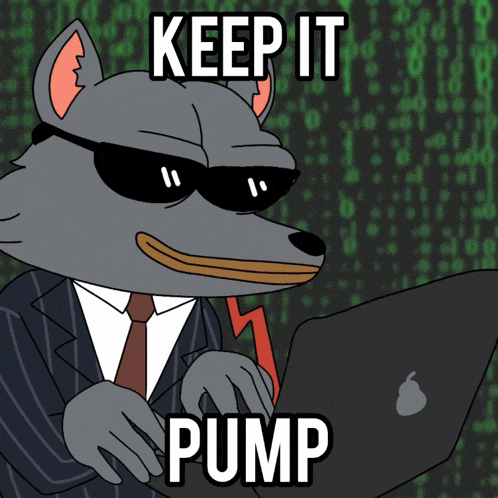 a cartoon wolf wearing sunglasses and a suit is typing on an apple laptop with the words keep it pump below him
