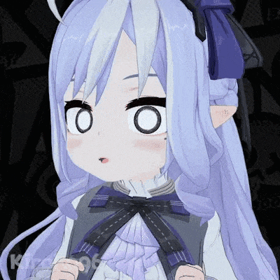 a girl with purple hair and a purple bow on her head