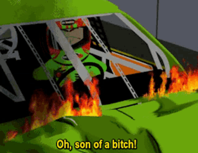 a cartoon of a race car with the words oh son of a bitch above it