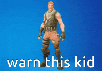 a video game character is standing in front of a blue background with the words warn this kid on it .