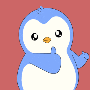 a blue penguin with a yellow beak is waving its hand