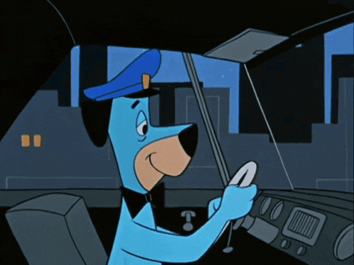 a blue cartoon character is driving a car with a city in the background