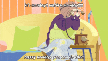 a cartoon of a woman sitting on a couch talking on a phone with the caption " it 's monday "