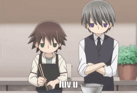 two anime characters standing next to each other with the words luv u on the bottom right