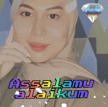 a woman wearing a hijab stands in front of a poster that says assalamu alaiku