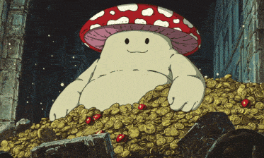 a cartoon drawing of a mushroom holding a pile of gold
