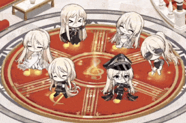 a group of anime characters are sitting in a circle with a treble clef in the middle