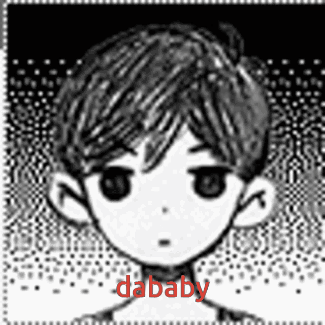 a black and white drawing of a boy with the word dababy written in red