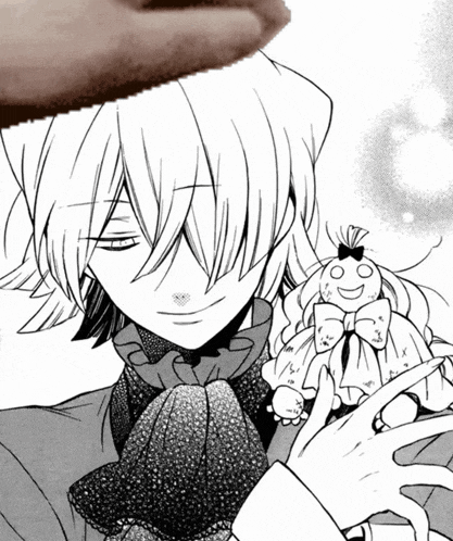 a black and white drawing of a man holding a stuffed doll