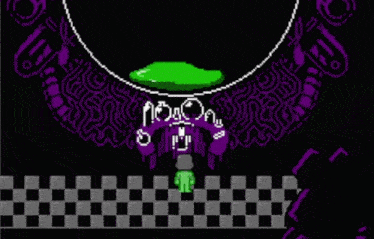 a pixel art of a person standing on a checkered floor with a green object in the background .