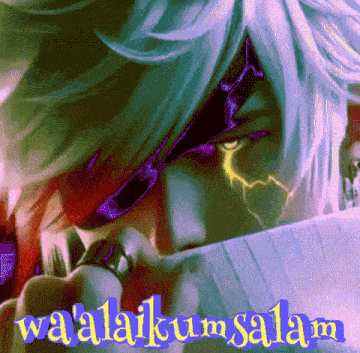 a picture of a man with a purple eye and the words waalaikumsalam below him