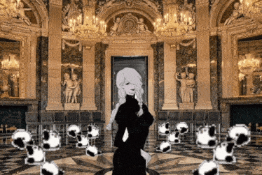 a woman in a black dress is standing in a large room with a lot of chairs