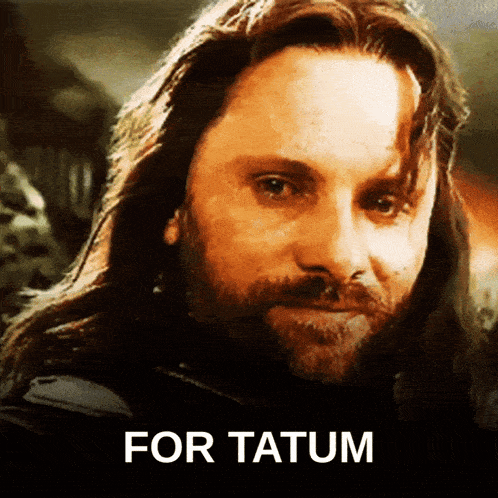 a close up of a man 's face with the words " for tatum " below him