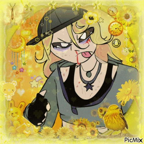 a picture of a girl with a bird and flowers with picmix written on the bottom