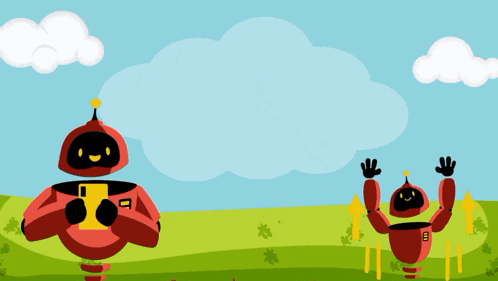 a cartoon drawing of two robots one holding a cell phone and the other waving