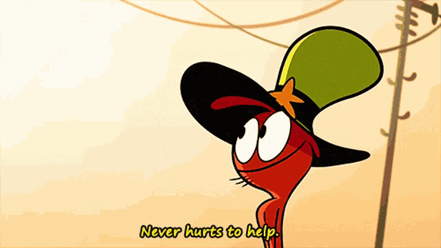 a cartoon character with a green hat says " never hurts to help "