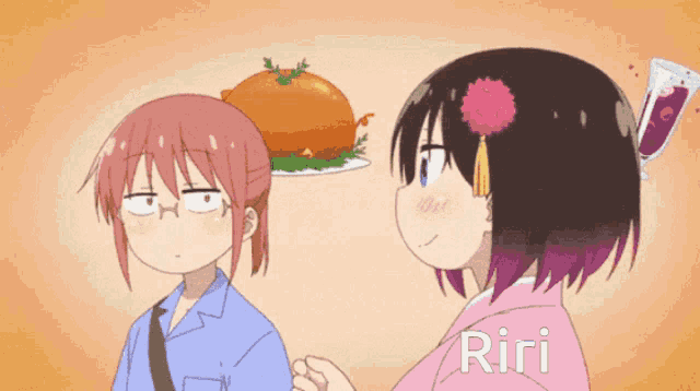 a girl with a flower in her hair stands next to a girl with a plate of food on her head