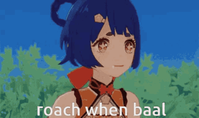 a cartoon girl is standing in a field with trees in the background and the words roach when baal written below her .