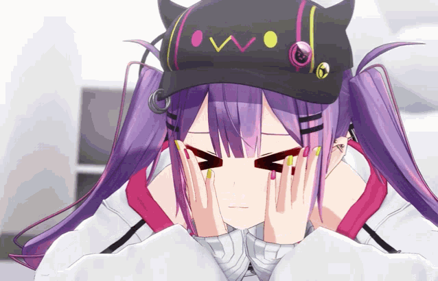 a girl with purple hair is wearing a hat that says ow