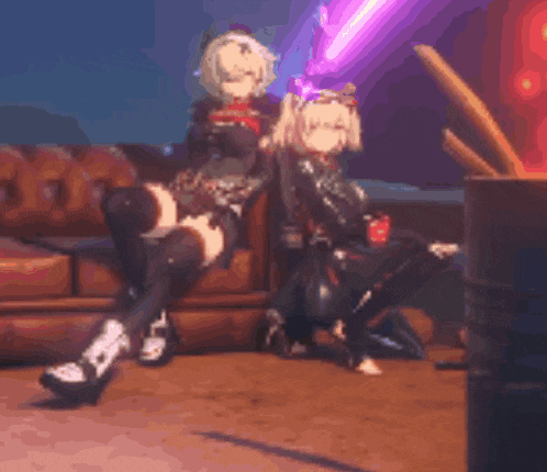 two anime girls are sitting on a couch with purple lights behind them