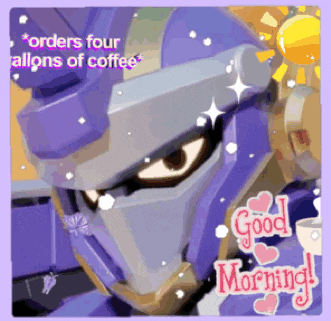a robot says good morning with a cup of coffee in front of it