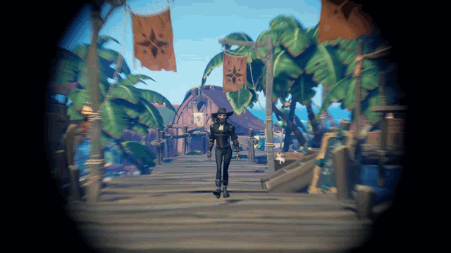 a woman in a cowboy hat stands on a wooden dock in a video game