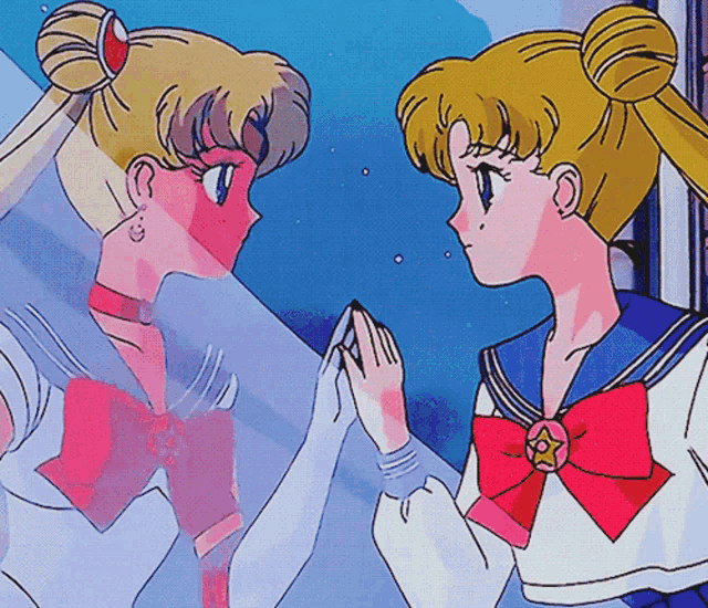 a cartoon of two girls looking at their reflection in a mirror