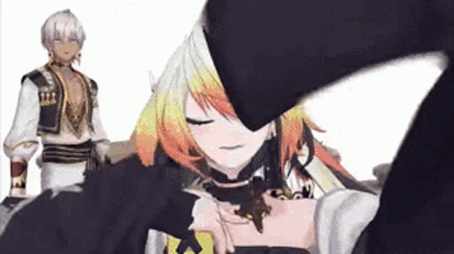 two anime characters are standing next to each other on a white background