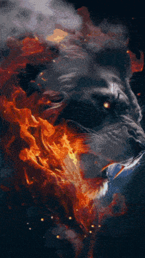 a lion is surrounded by fire and smoke