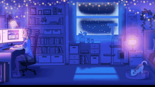 a pixel art drawing of a girl sitting at a desk with a computer