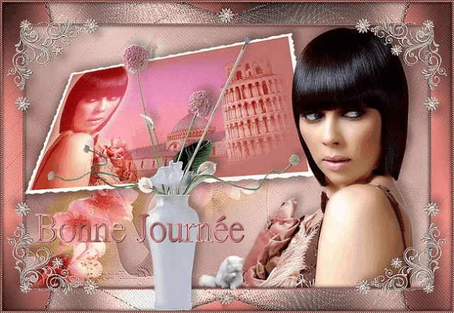a picture of a woman and a vase with the words bonne journee on it