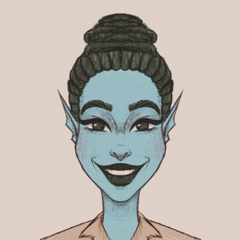 a drawing of a woman with blue hair and a bun