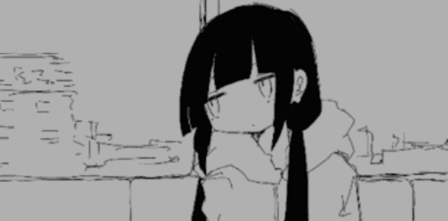 a black and white drawing of a girl in a hoodie