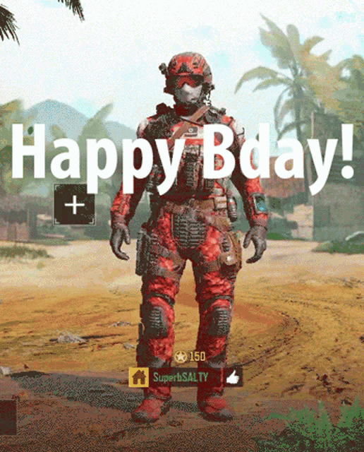 a video game screen says happy bday with a soldier in red
