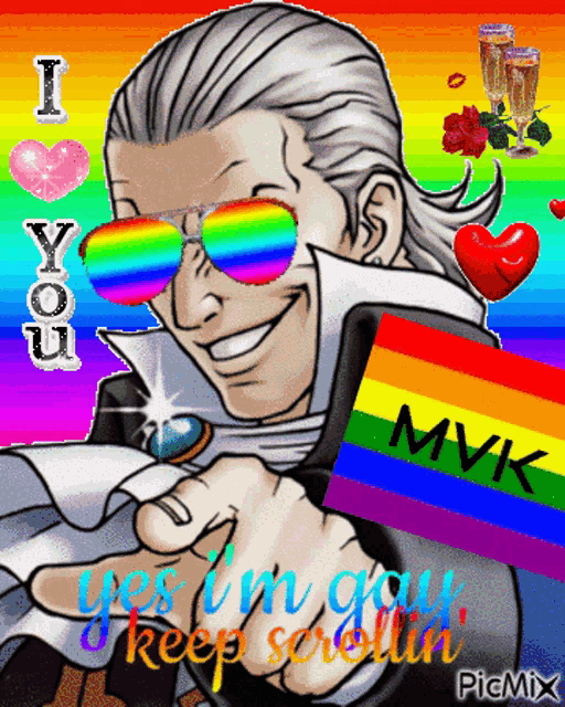 a cartoon of a man wearing rainbow sunglasses and holding a rainbow flag that says mvk