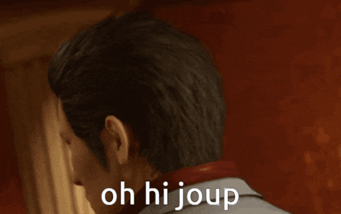a close up of a man 's face with the words oh hi joup on the bottom