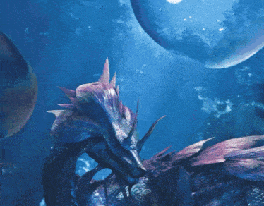 a blue and purple dragon is in the water