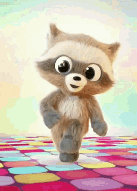 a cartoon raccoon is dancing on a colorful disco floor .
