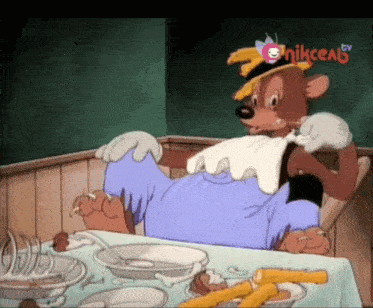 a cartoon of a bear sitting at a table with a sign that says nikceal3