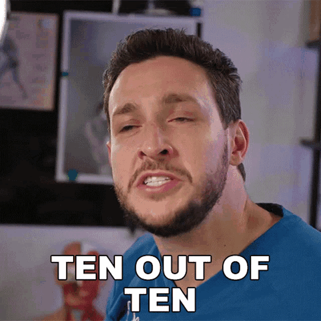 a man with a beard is making a face and says ten out of ten