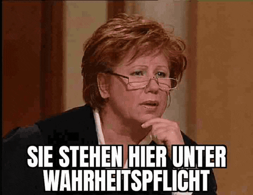 a woman wearing glasses is making a funny face and says sie stehen hier unter wahrheitspflight .