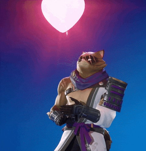 a raccoon looking up at a pink heart shaped balloon