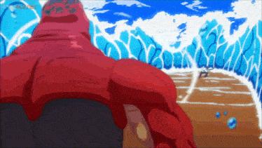 a cartoon of a man in a red suit standing in front of a wave with animeplus.net in the corner