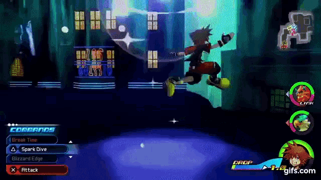 a video game character is jumping in the air while playing a video game called kingdom hearts .